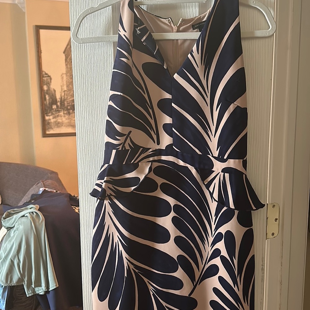 Blush Pink and Navy Leaf Print Peplum Dress